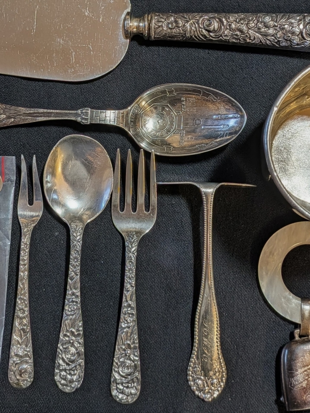 Antique Sterling Silver Baby Lot Kirk Repousse- Cup- Bell Rattle-Spoon 264g !